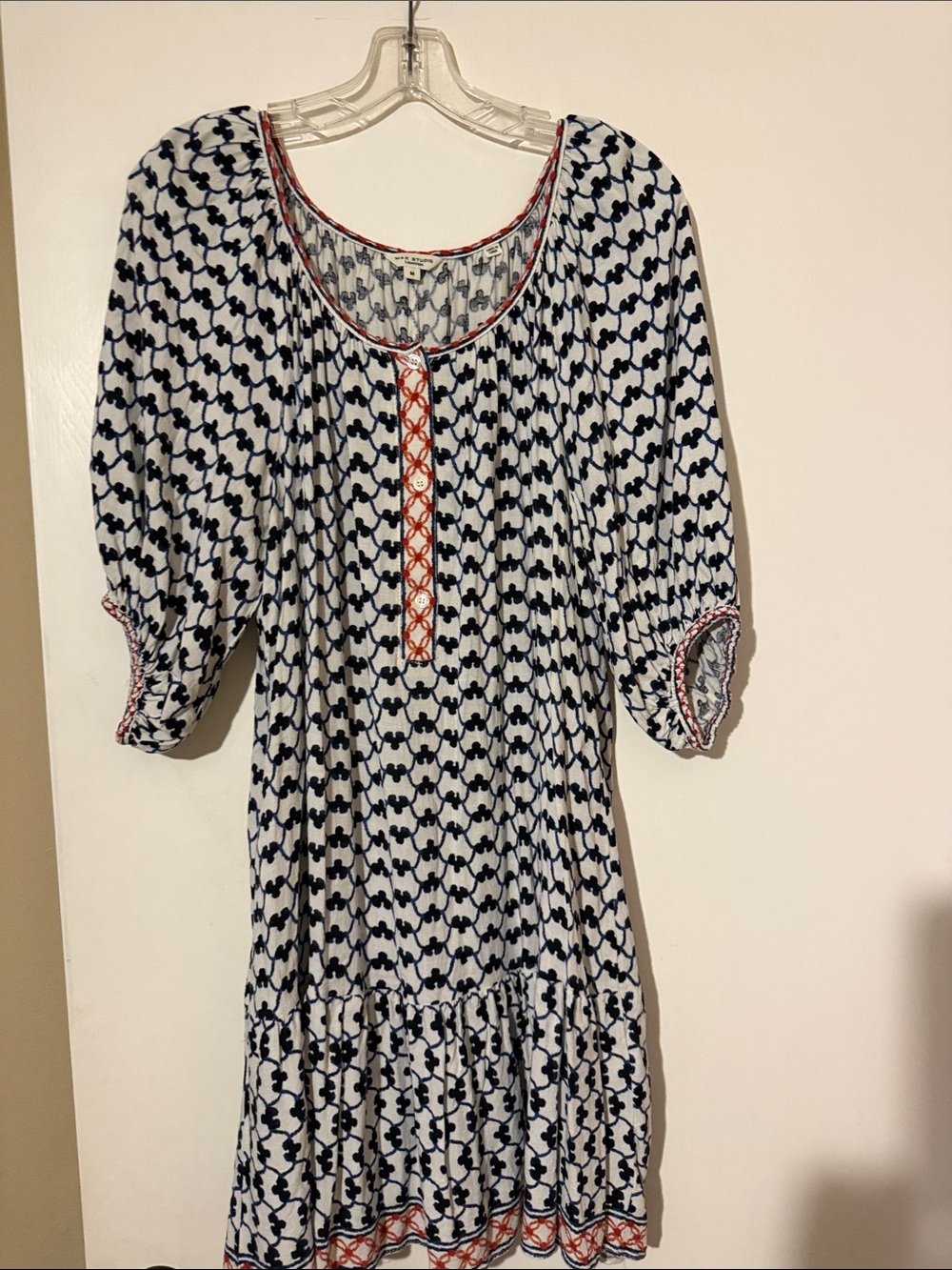 Max Studio Navy & White Patterned Mini Dress with Red Trim